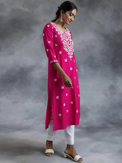 Libas Pink Embroidered Rayon Straight Kurta