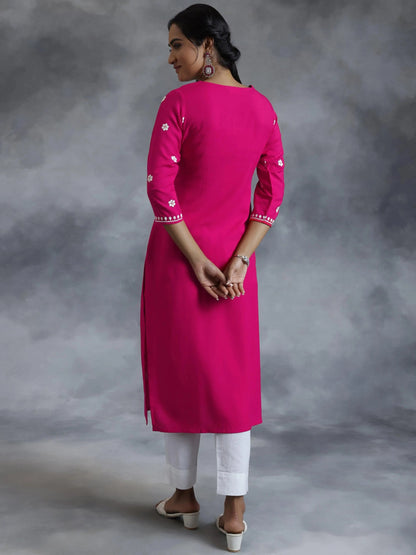 Libas Pink Embroidered Rayon Straight Kurta