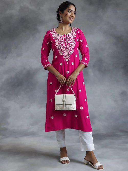 Libas Pink Embroidered Rayon Straight Kurta