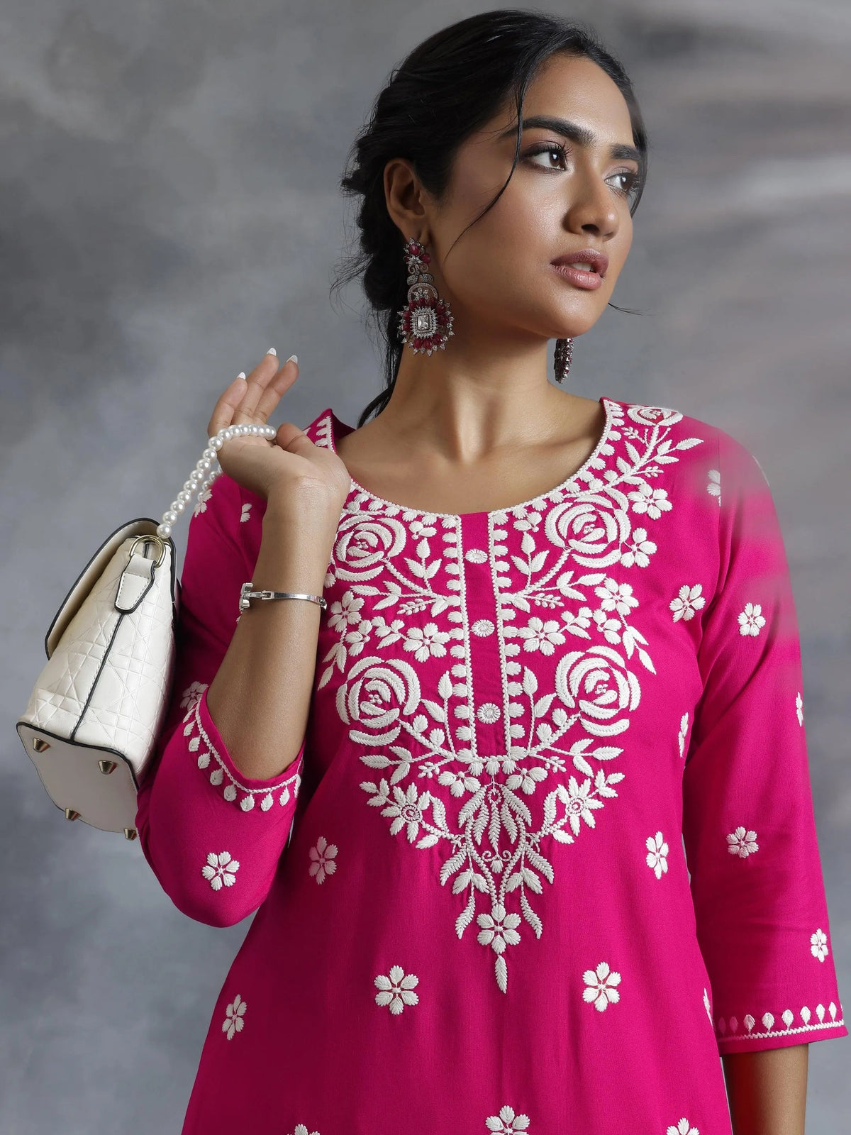 Libas Pink Embroidered Rayon Straight Kurta