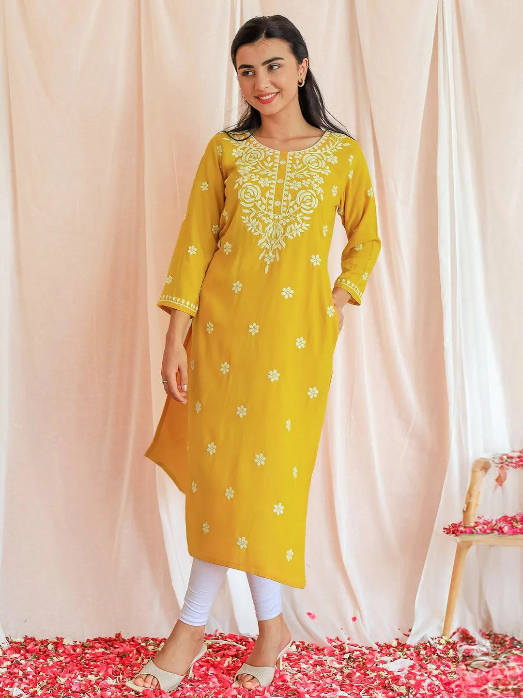Libas Mustard Embroidered Rayon Straight Kurta