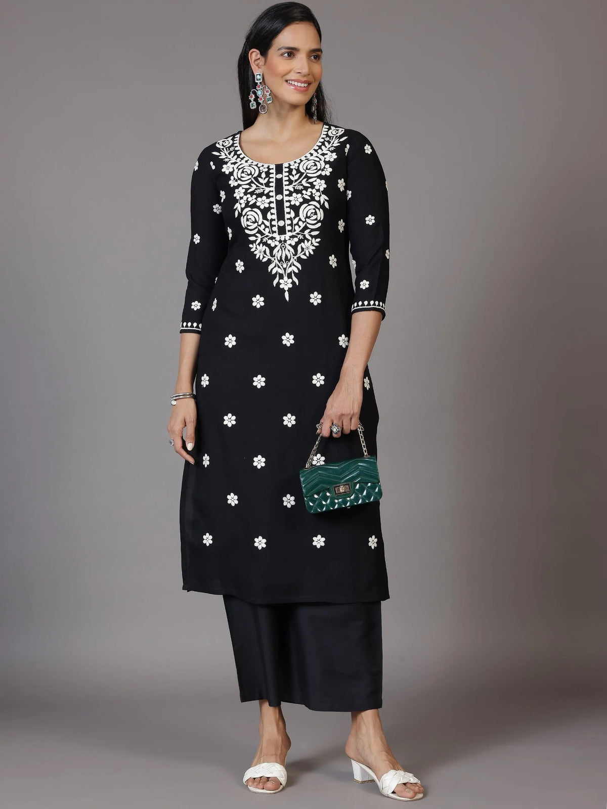 Libas Black Embroidered Rayon Straight Kurta