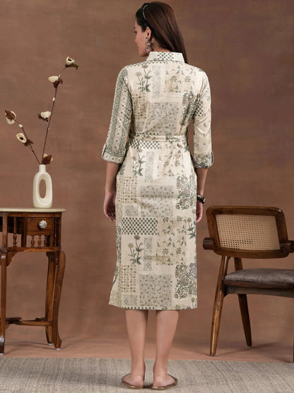 Libas Off White Printed Linen Shirt Dress With Belt