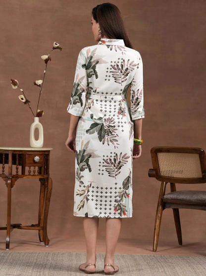 Libas Off White Printed Crepe Shirt Dress With Belt