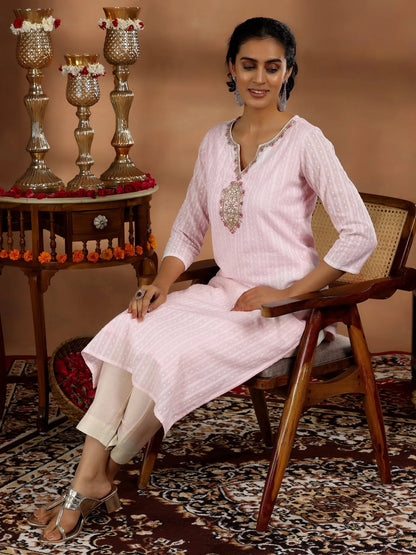Libas Pink Yoke Design Cotton Straight Kurta