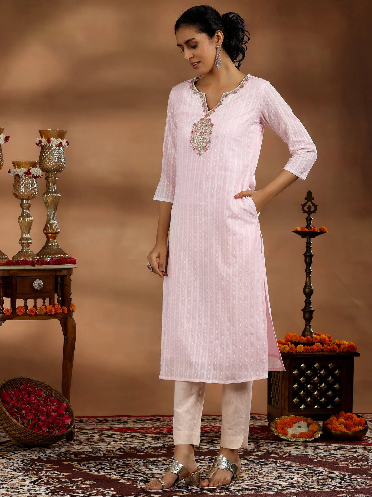 Libas Pink Yoke Design Cotton Straight Kurta