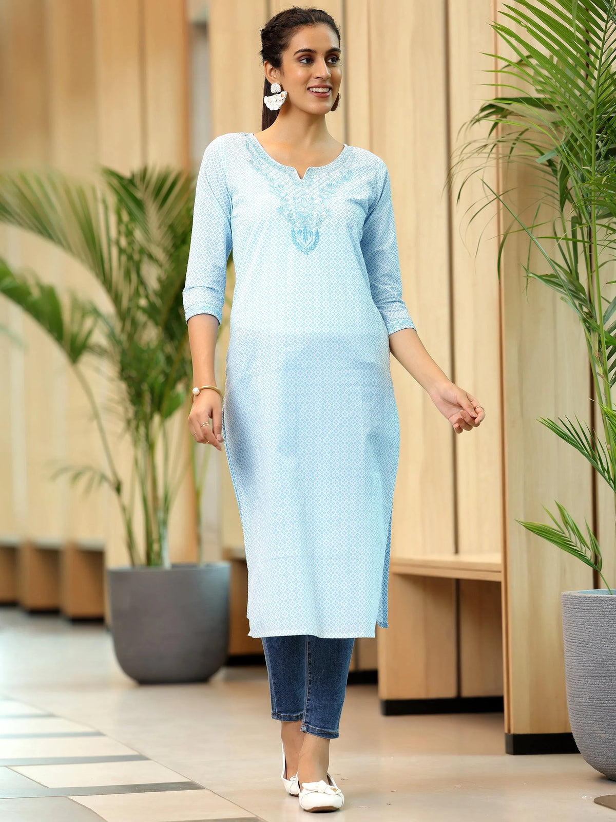Libas Blue Printed Cotton Straight Kurta