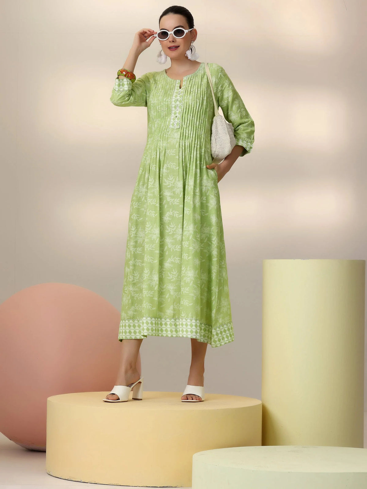 Libas Green Printed Cotton A-Line Dress