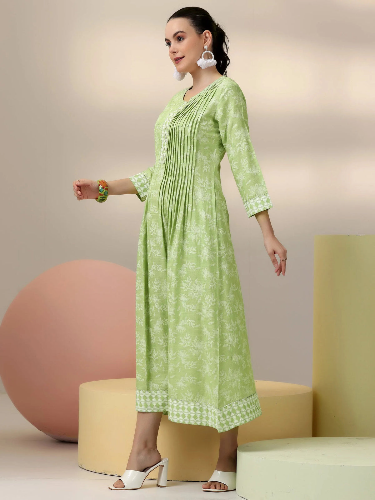 Libas Green Printed Cotton A-Line Dress