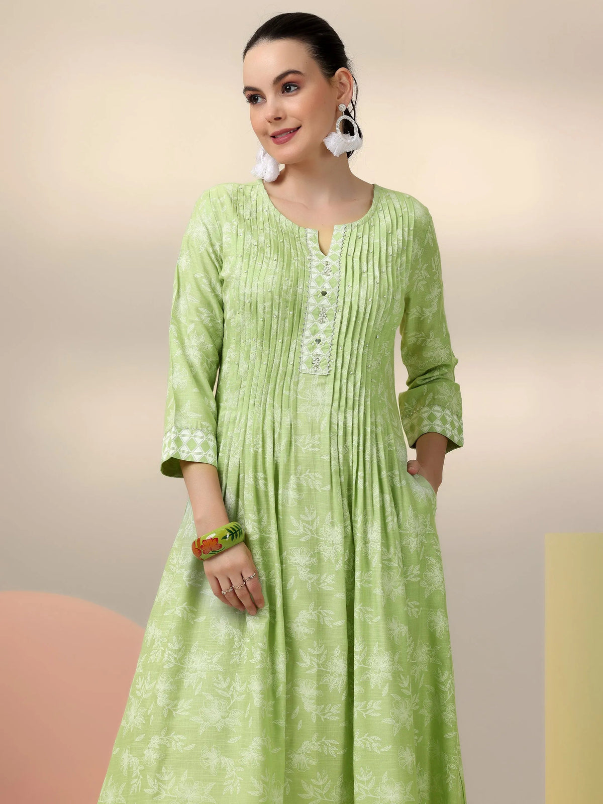 Libas Green Printed Cotton A-Line Dress