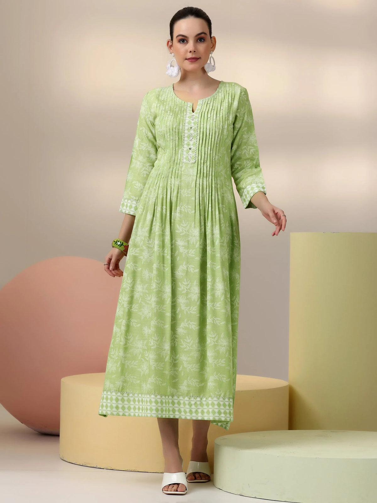 Libas Green Printed Cotton A-Line Dress