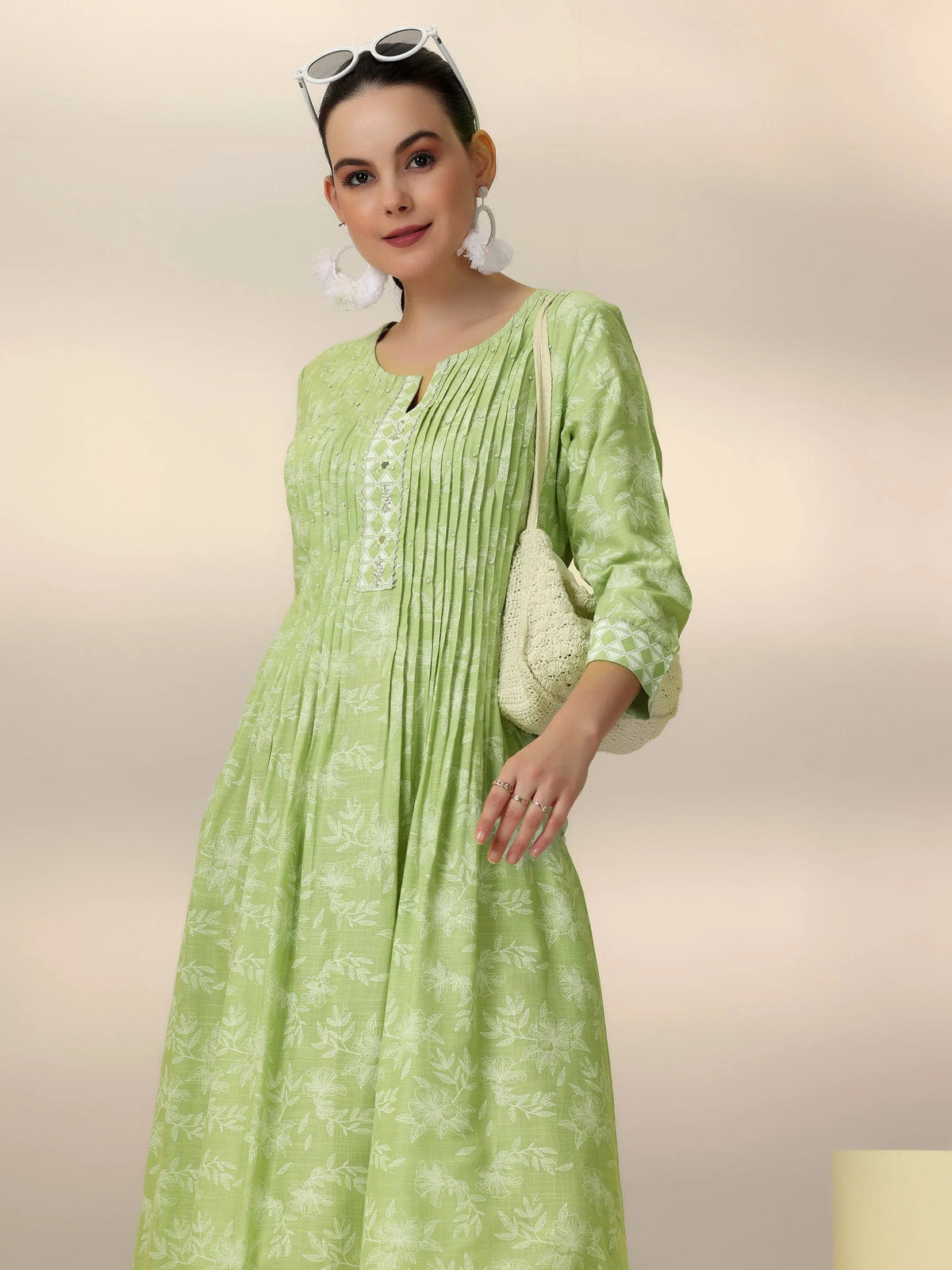 Libas Green Printed Cotton A-Line Dress