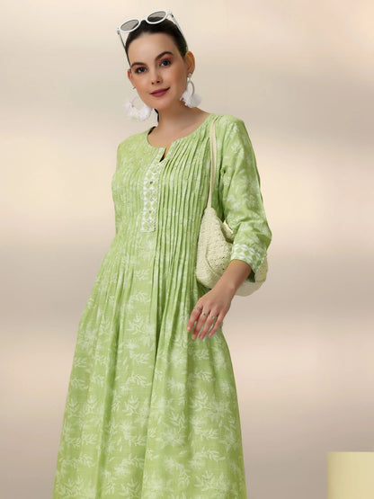 Libas Green Printed Cotton A-Line Dress