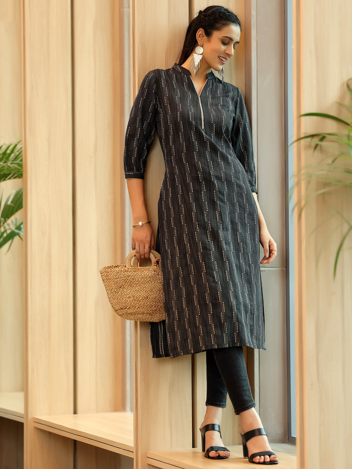 Libas Black Woven Design Cotton Straight Kurta
