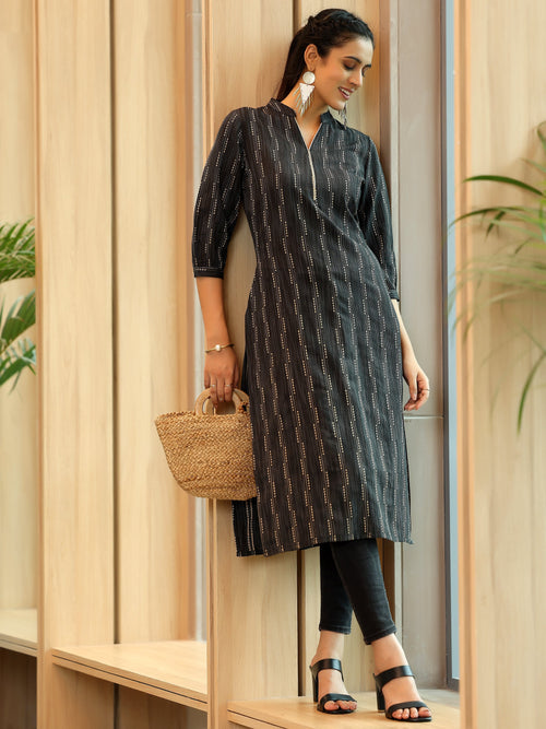 Libas Black Woven Design Cotton Straight Kurta