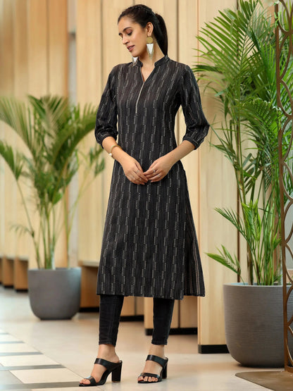 Libas Black Woven Design Cotton Straight Kurta