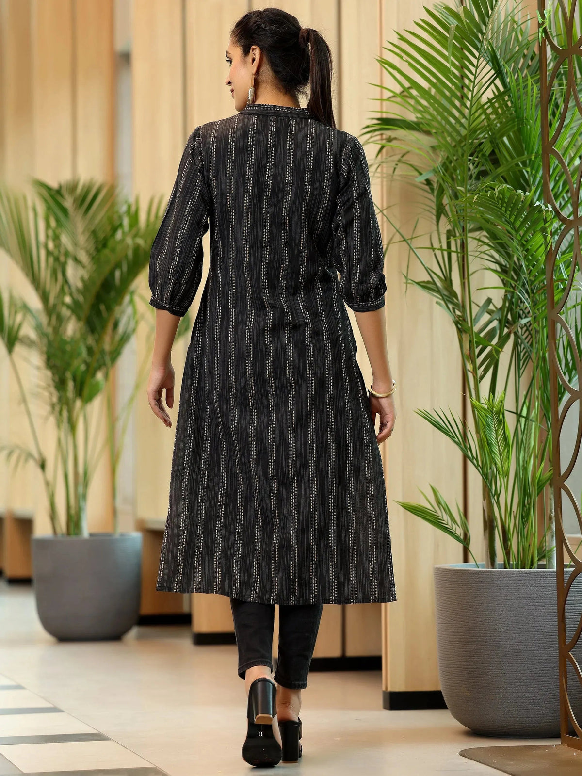 Libas Black Woven Design Cotton Straight Kurta