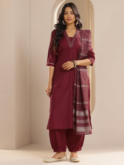 Gerua Maroon Solid Cotton Blend Straight Suit With Dupatta