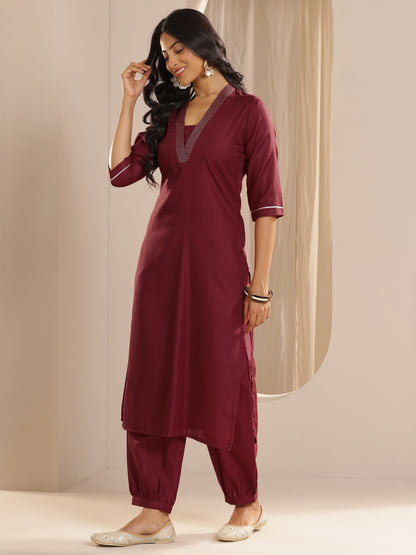 Gerua Maroon Solid Cotton Blend Straight Suit With Dupatta