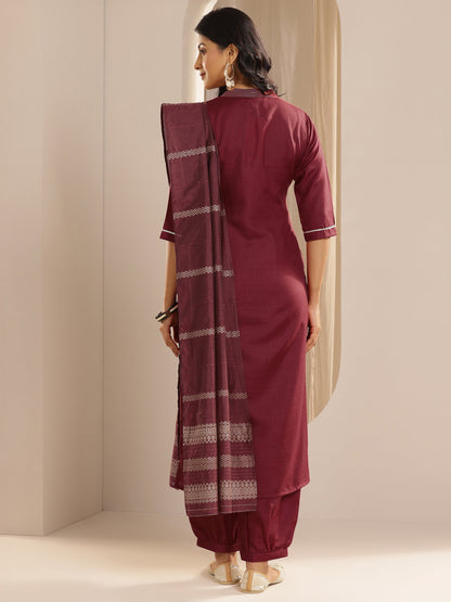 Gerua Maroon Solid Cotton Blend Straight Suit With Dupatta