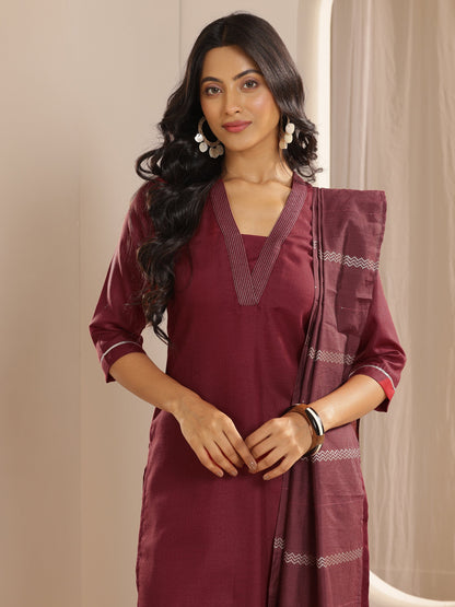 Gerua Maroon Solid Cotton Blend Straight Suit With Dupatta