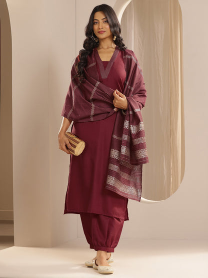 Gerua Maroon Solid Cotton Blend Straight Suit With Dupatta