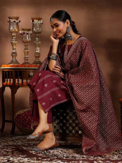 Gerua Maroon Woven Design Cotton Blend Straight Suit With Dupatta