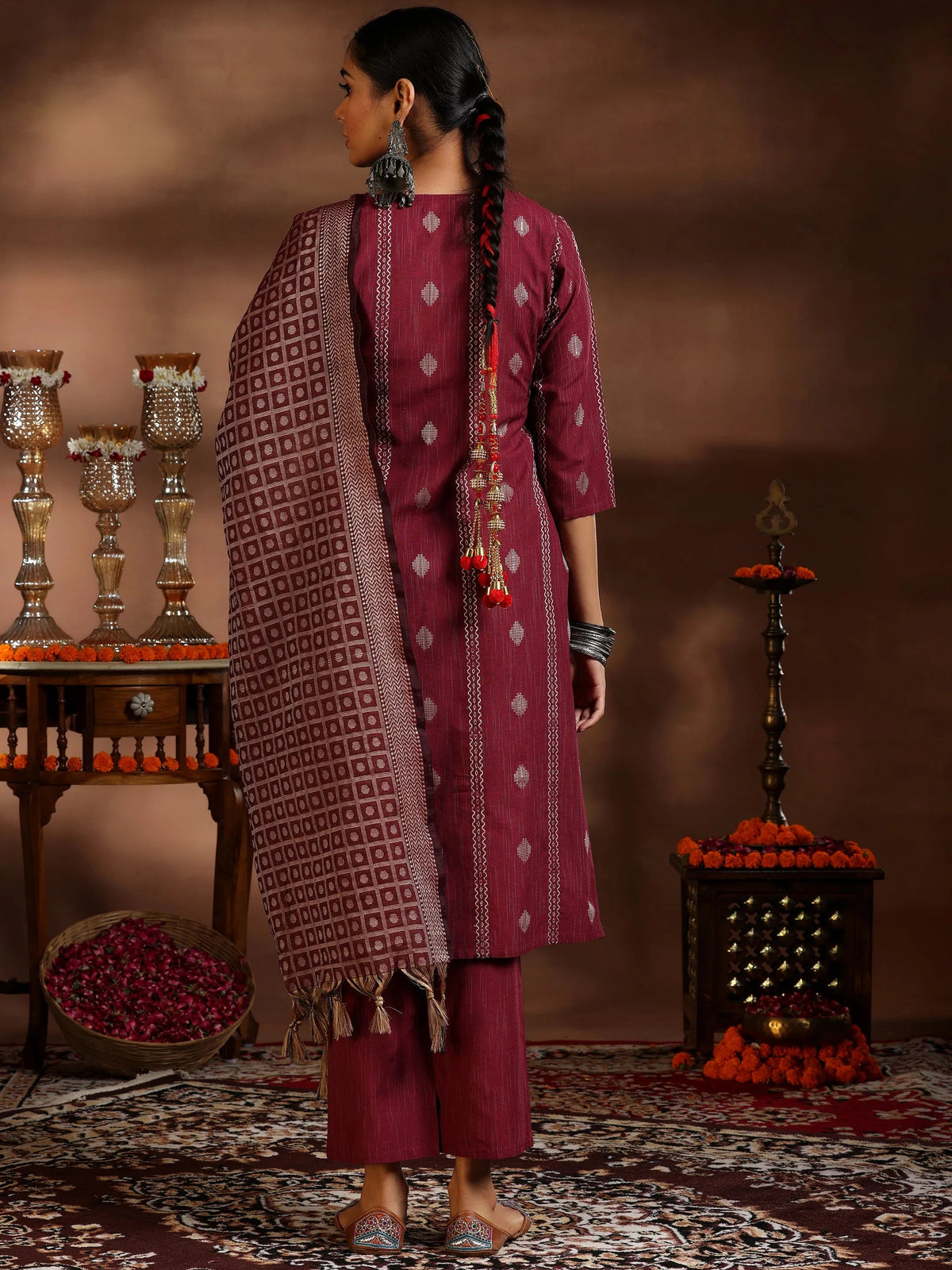 Gerua Maroon Woven Design Cotton Blend Straight Suit With Dupatta