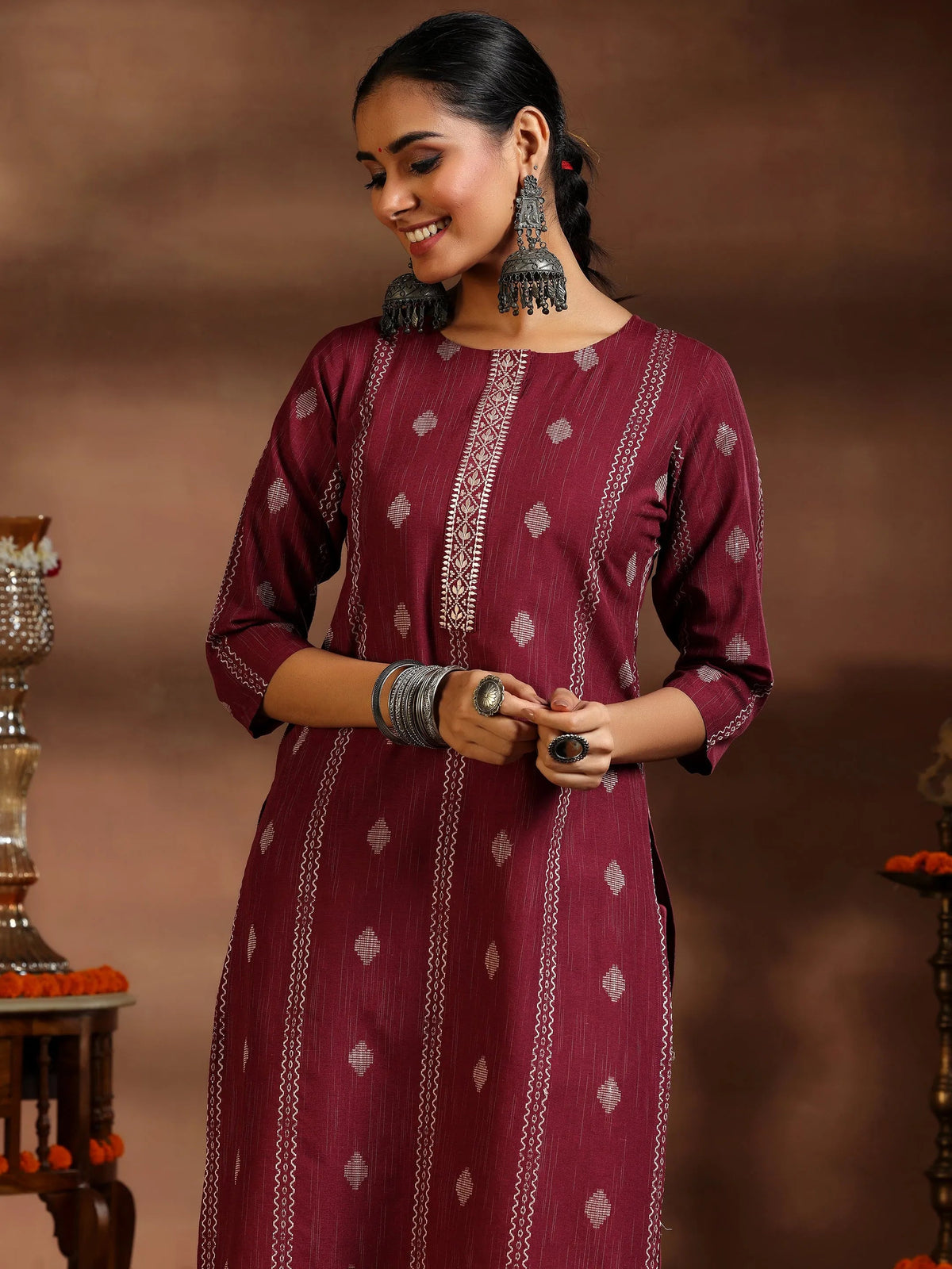 Gerua Maroon Woven Design Cotton Blend Straight Suit With Dupatta