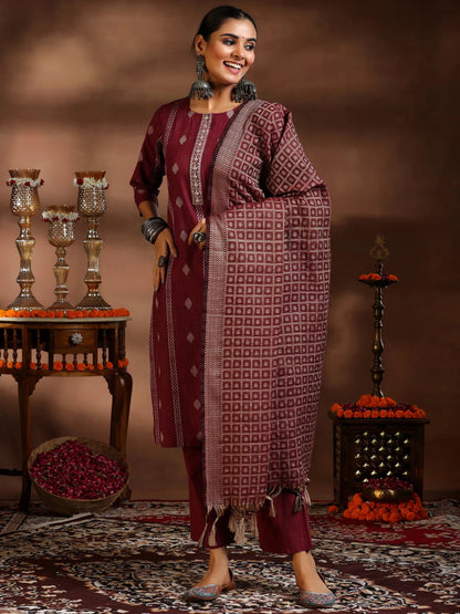 Gerua Maroon Woven Design Cotton Blend Straight Suit With Dupatta