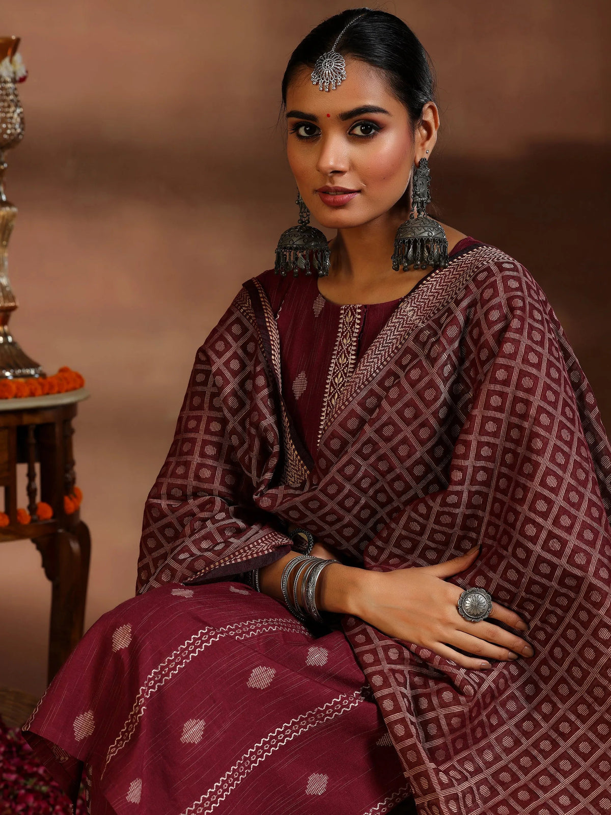 Gerua Maroon Woven Design Cotton Blend Straight Suit With Dupatta