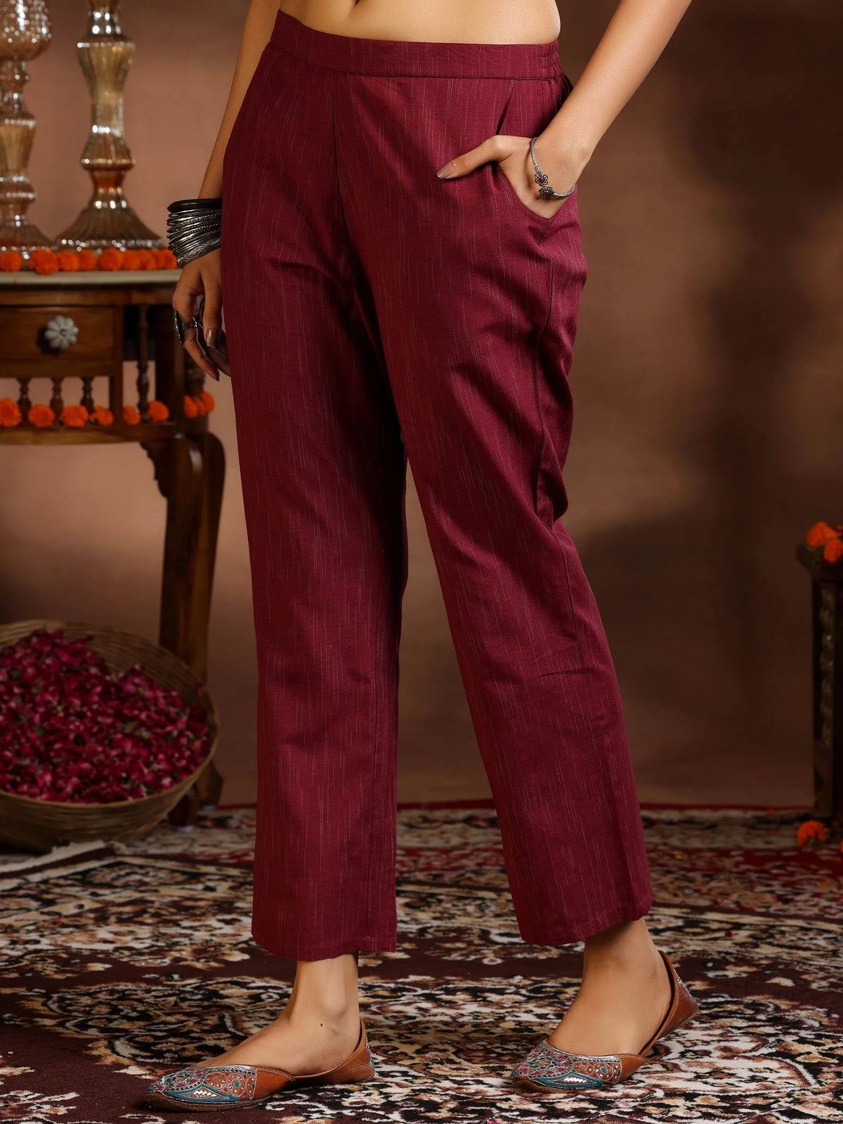 Gerua Maroon Woven Design Cotton Blend Straight Suit With Dupatta