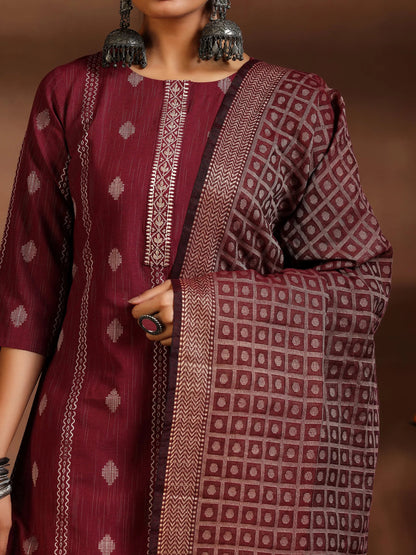 Gerua Maroon Woven Design Cotton Blend Straight Suit With Dupatta