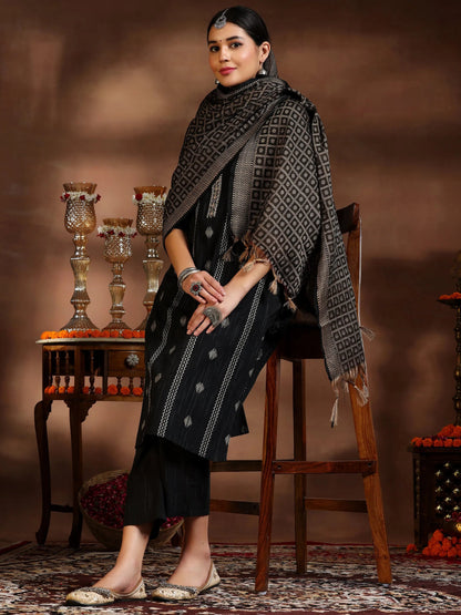 Gerua Black Woven Design Cotton Blend Straight Suit With Dupatta