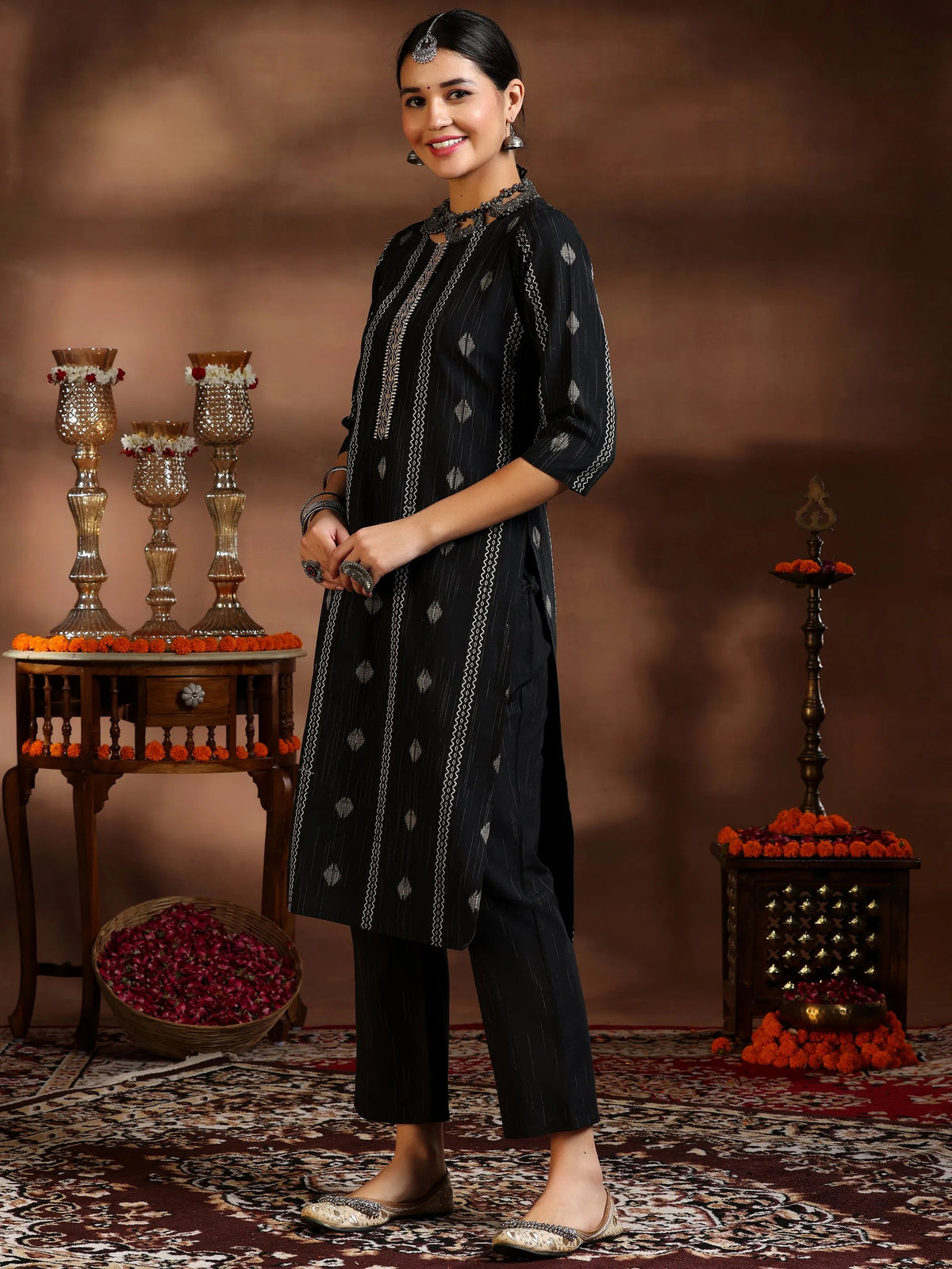 Gerua Black Woven Design Cotton Blend Straight Suit With Dupatta