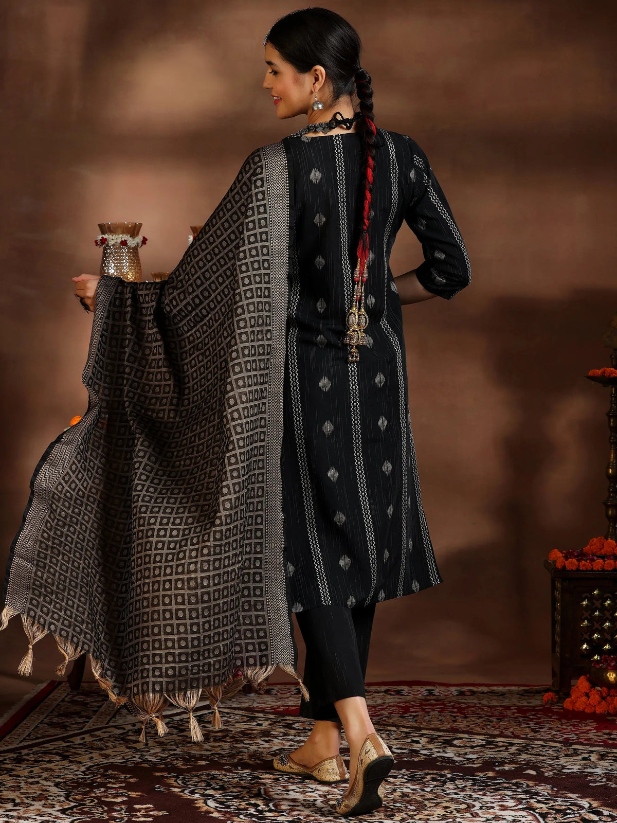 Gerua Black Woven Design Cotton Blend Straight Suit With Dupatta