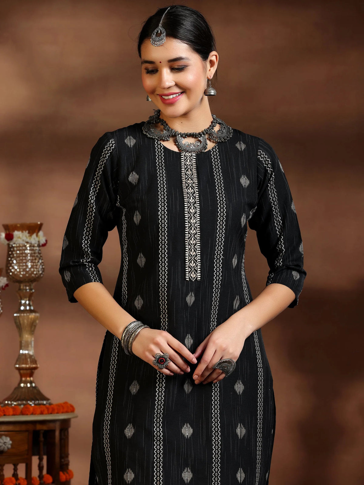Gerua Black Woven Design Cotton Blend Straight Suit With Dupatta
