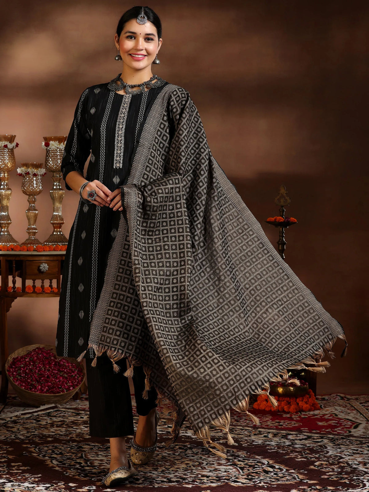 Gerua Black Woven Design Cotton Blend Straight Suit With Dupatta