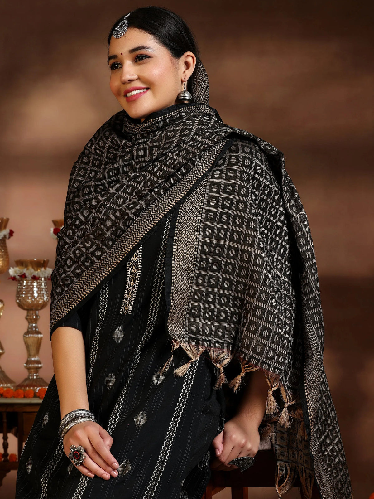 Gerua Black Woven Design Cotton Blend Straight Suit With Dupatta