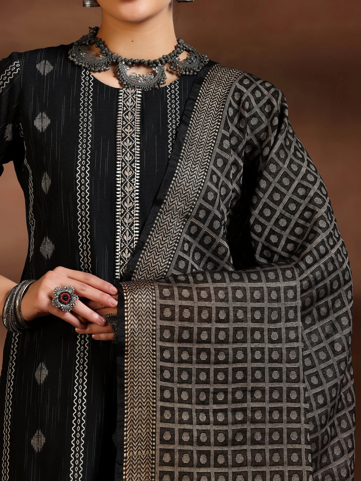 Gerua Black Woven Design Cotton Blend Straight Suit With Dupatta