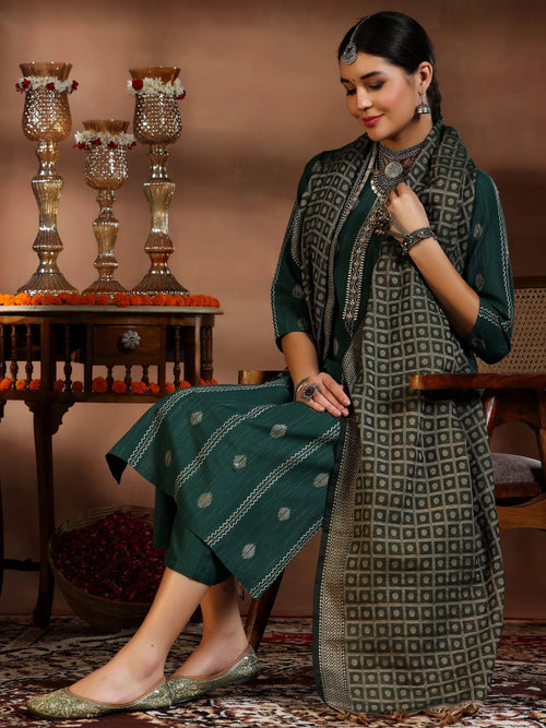Gerua Green Woven Design Cotton Blend Straight Suit With Dupatta