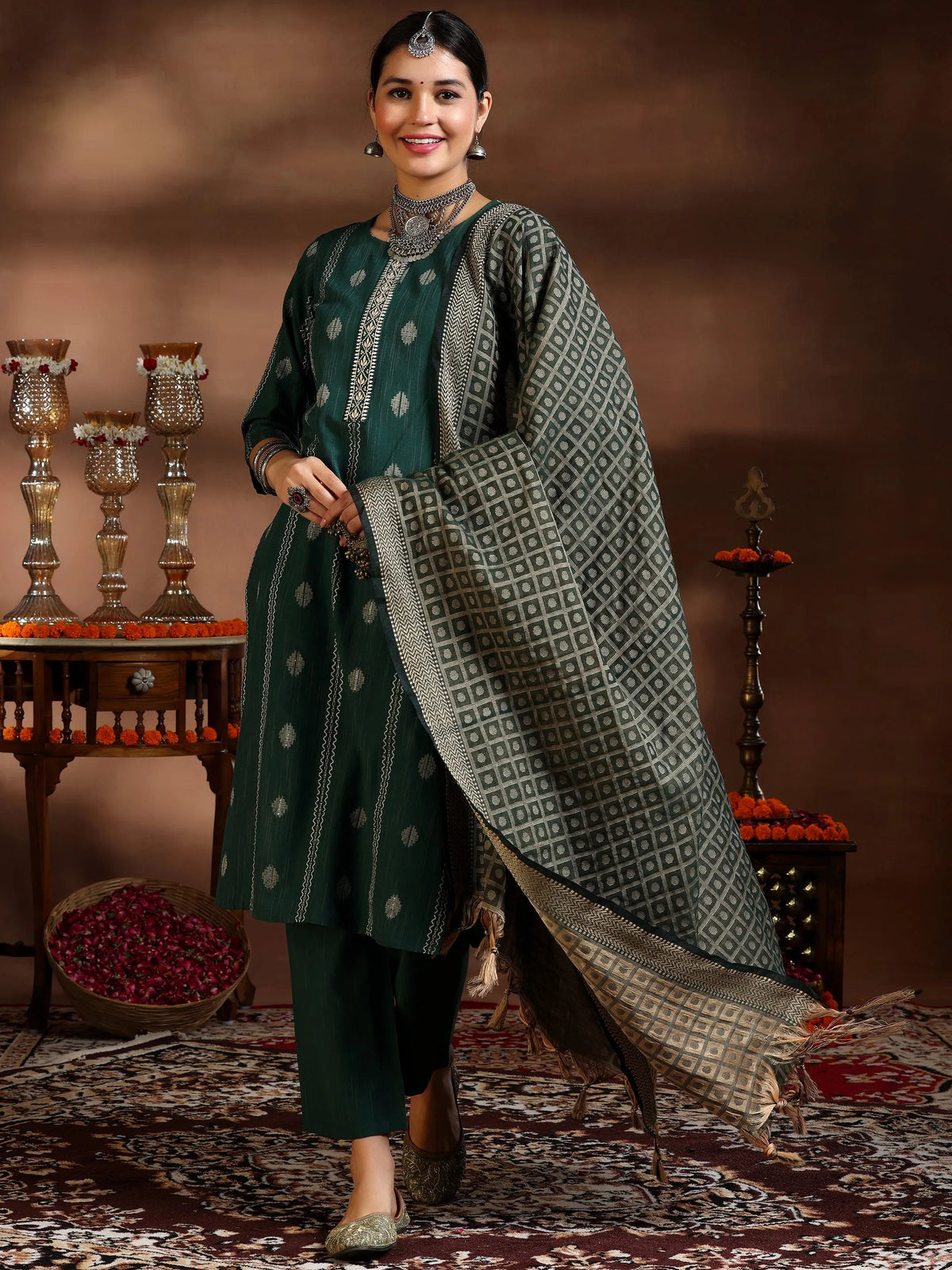 Gerua Green Woven Design Cotton Blend Straight Suit With Dupatta