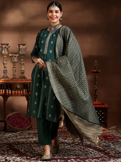 Gerua Green Woven Design Cotton Blend Straight Suit With Dupatta