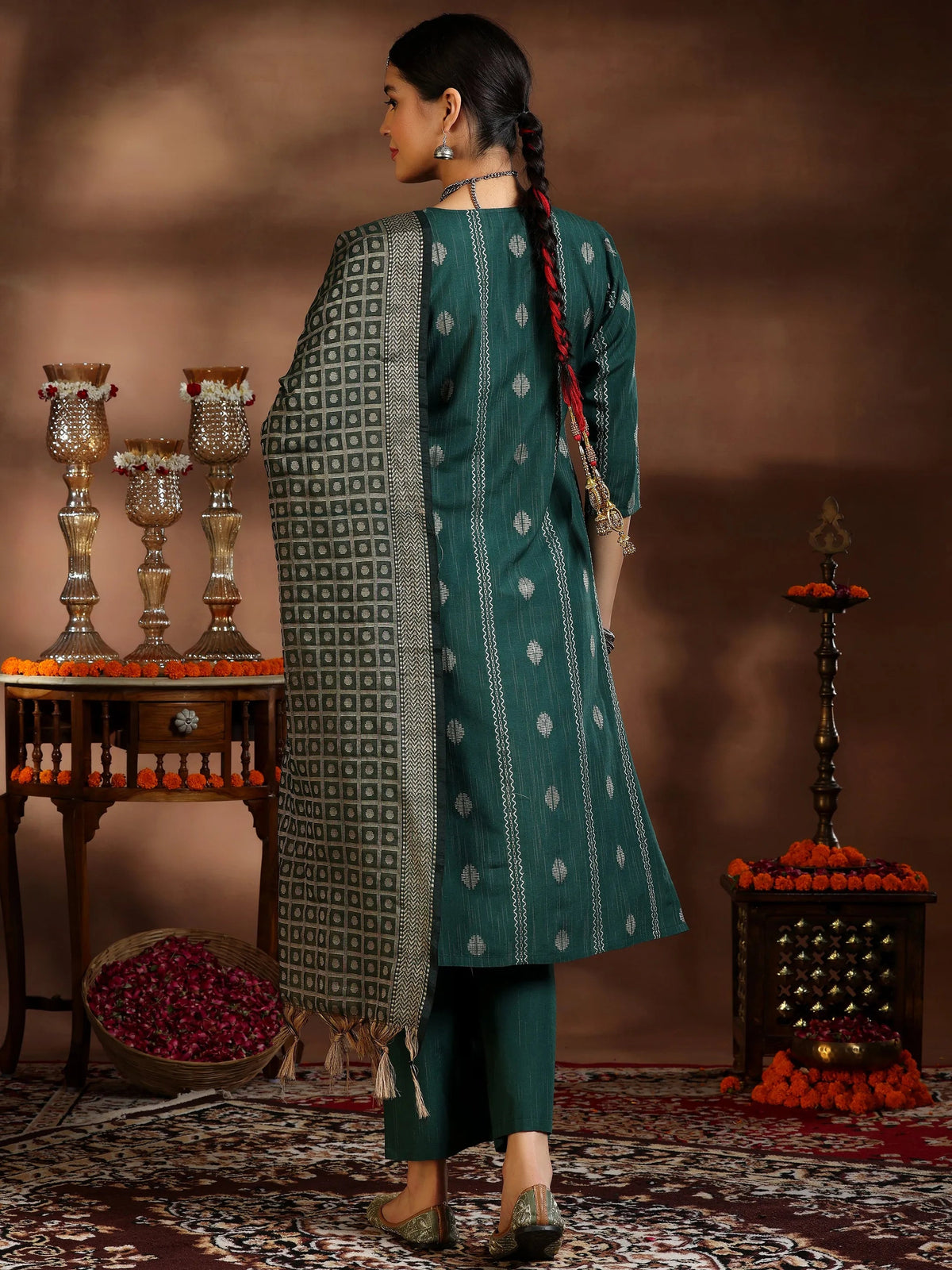 Gerua Green Woven Design Cotton Blend Straight Suit With Dupatta