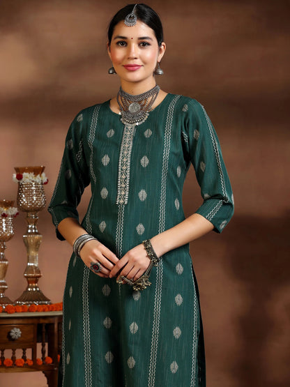 Gerua Green Woven Design Cotton Blend Straight Suit With Dupatta