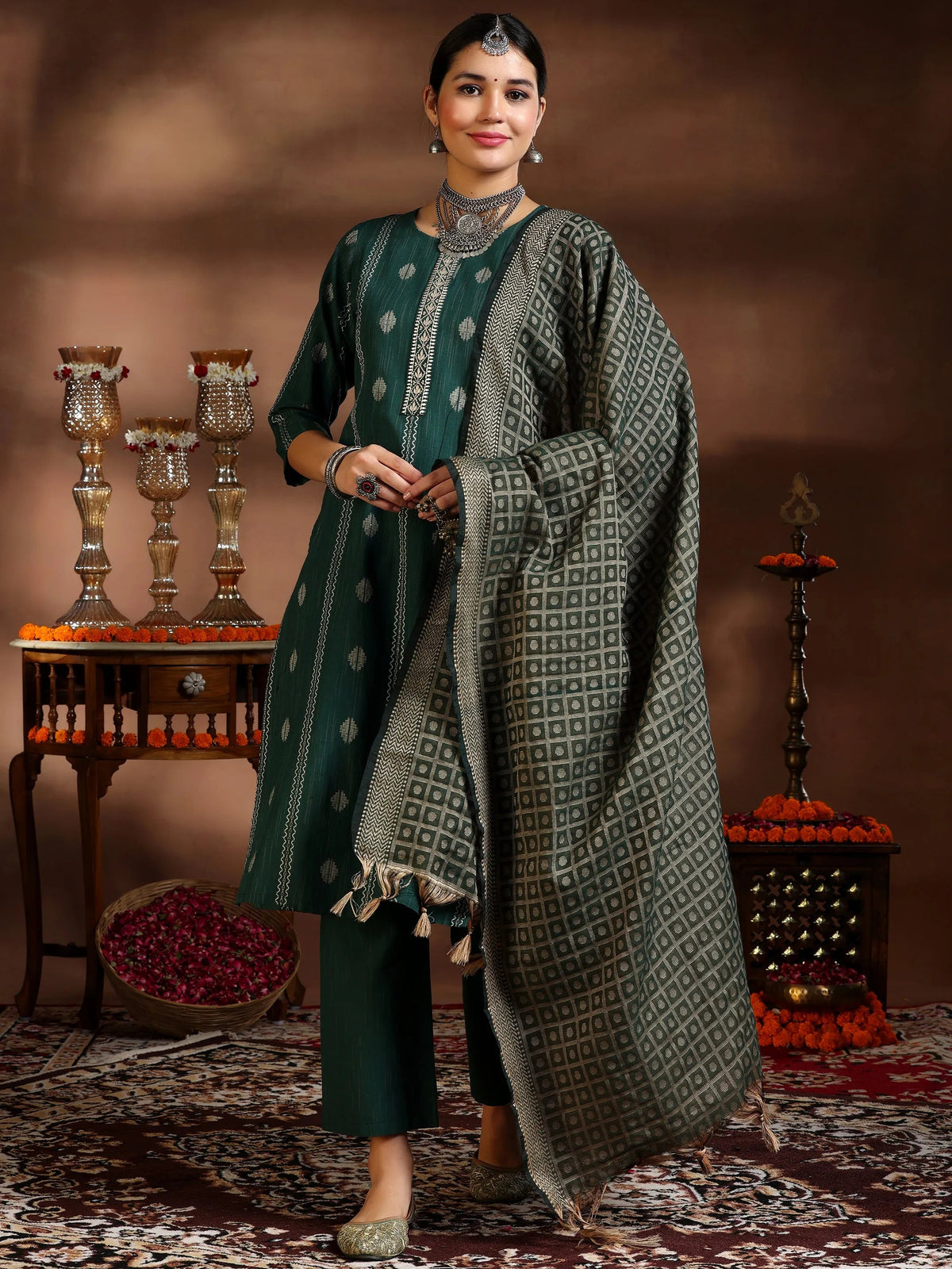 Gerua Green Woven Design Cotton Blend Straight Suit With Dupatta