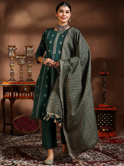 Gerua Green Woven Design Cotton Blend Straight Suit With Dupatta