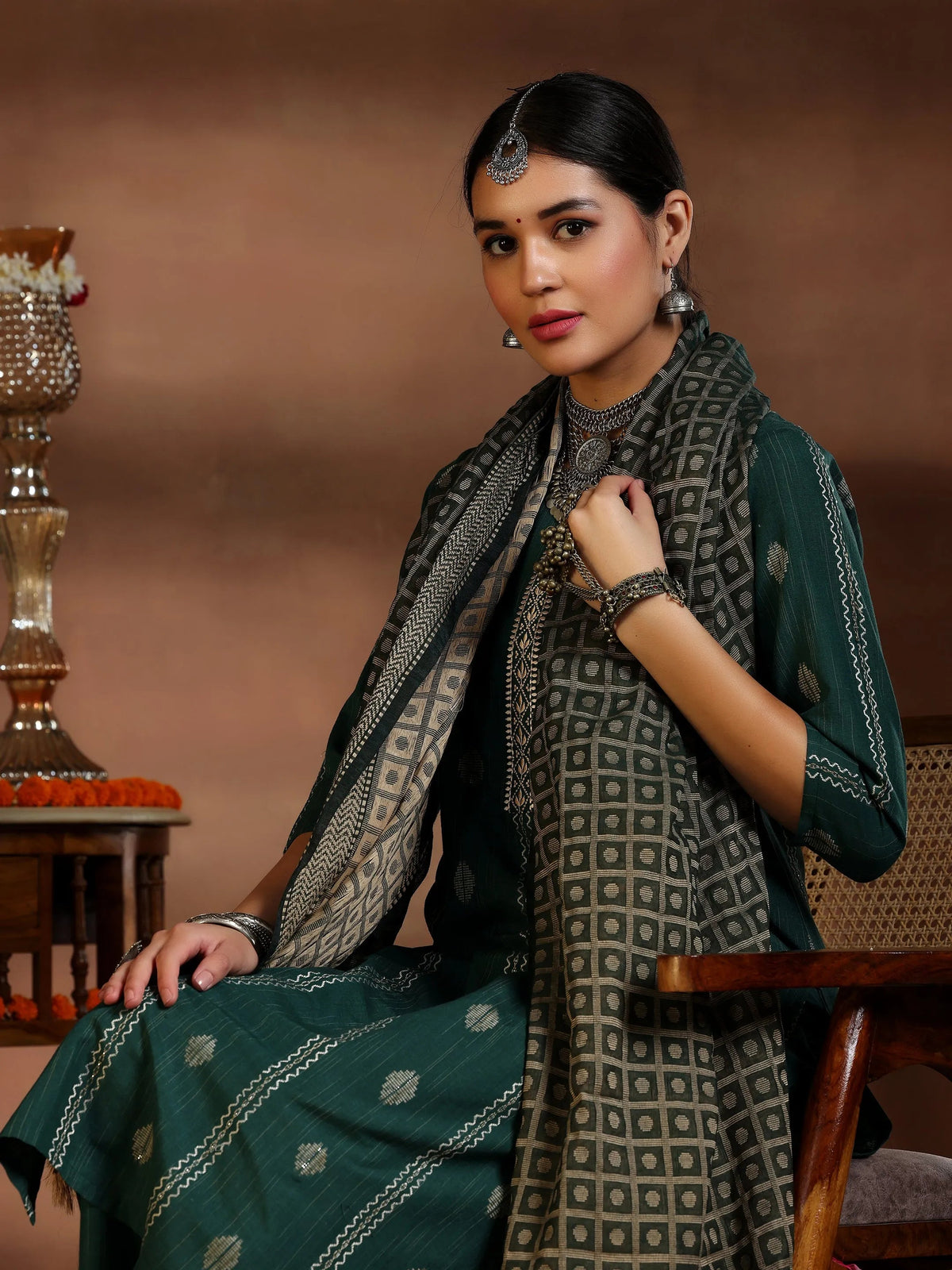 Gerua Green Woven Design Cotton Blend Straight Suit With Dupatta