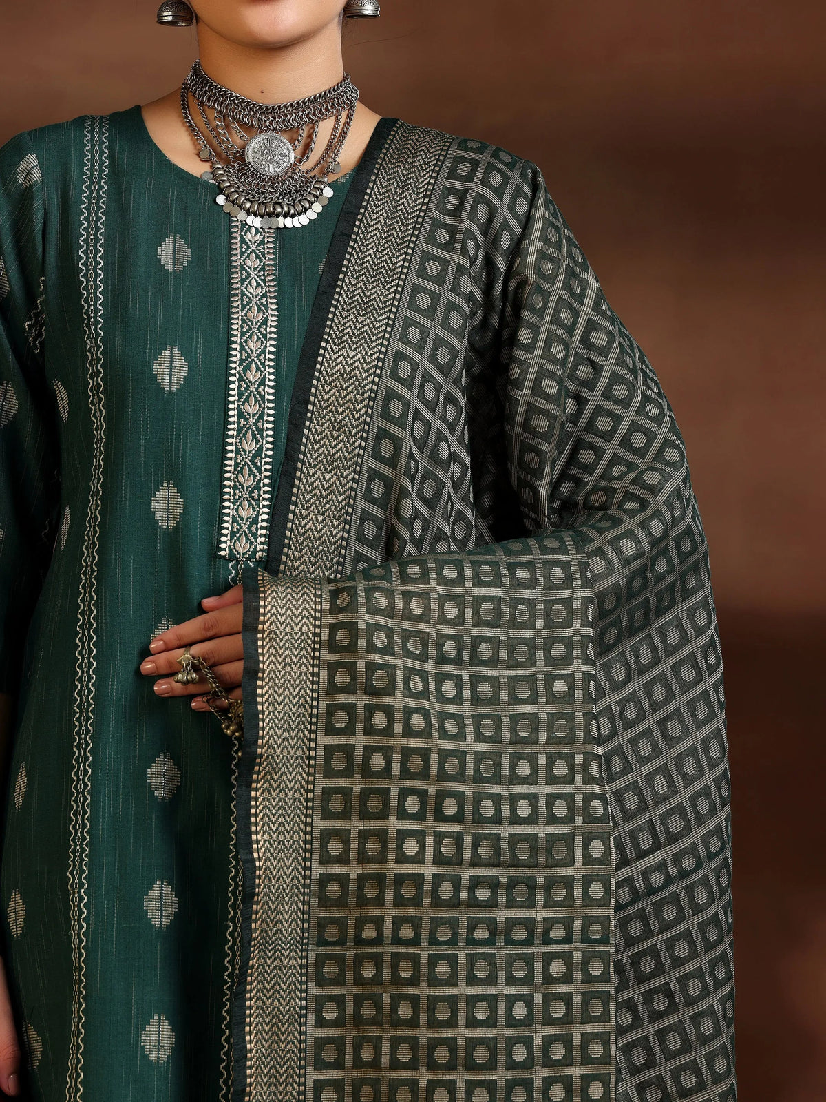 Gerua Green Woven Design Cotton Blend Straight Suit With Dupatta