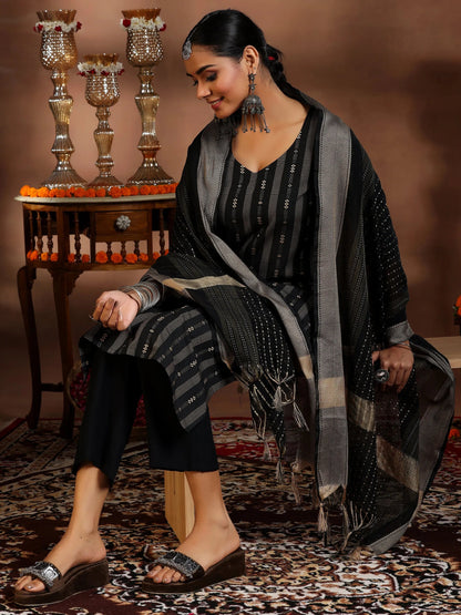 Gerua Black Woven Design Cotton Blend Straight Suit With Dupatta